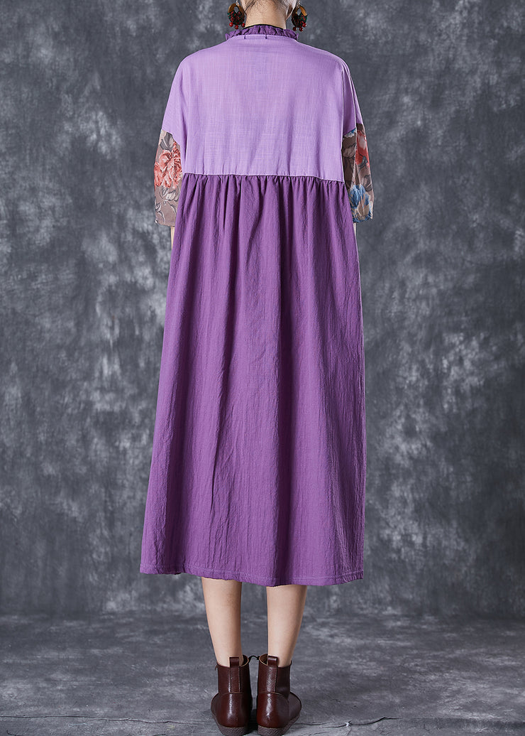 Art Purple Ruffled Patchwork Asymmetrical Linen Dress Summer