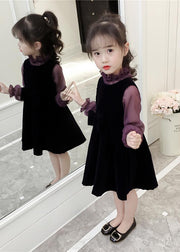 Art Purple Ruffled Patchwork Velour Baby Girls Dress Two Pieces Set Fall