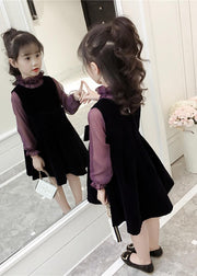 Art Purple Ruffled Patchwork Velour Baby Girls Dress Two Pieces Set Fall