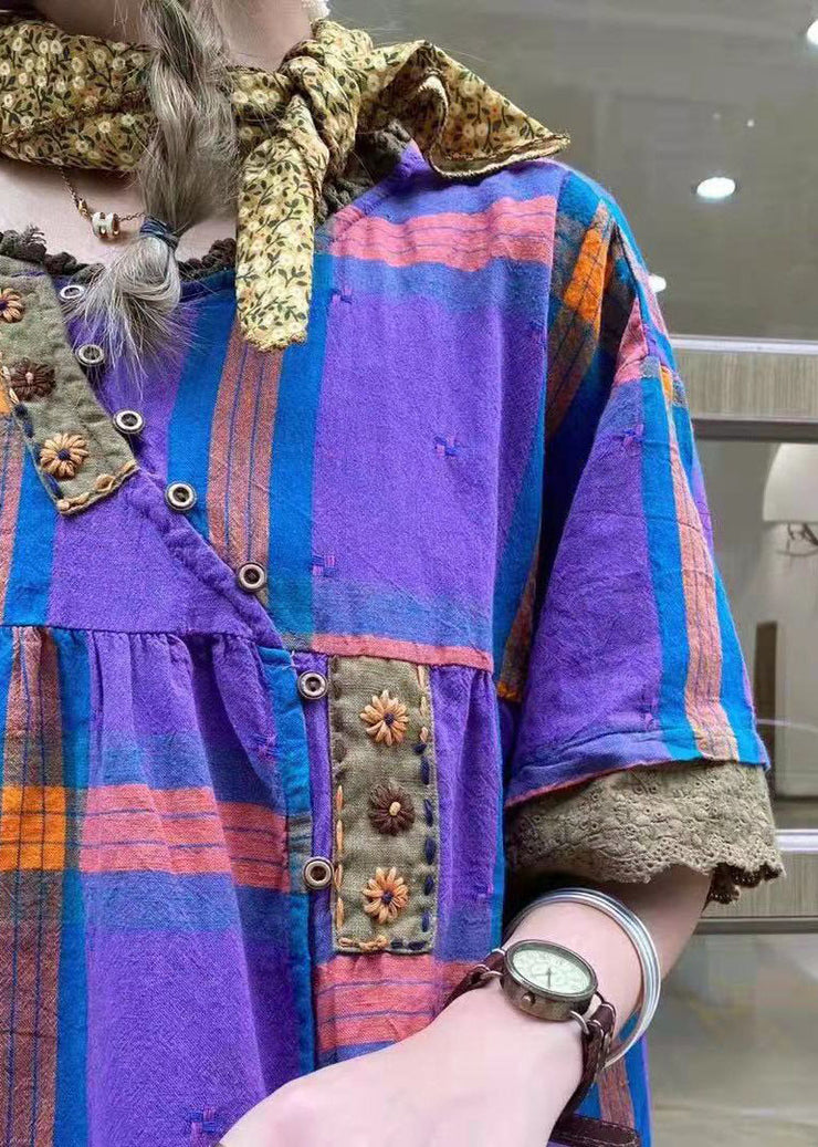 Art Purple Ruffled Plaid Cotton Blouses Short Sleeve