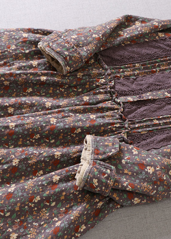 Art Purple Ruffled Print Cotton Holiday Dress Spring