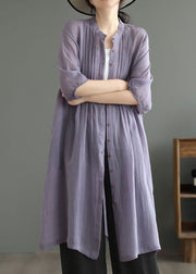 Art Purple Stand Collar Wrinkled Patchwork Linen Shirts Dresses Summer