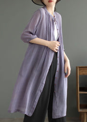 Art Purple Stand Collar Wrinkled Patchwork Linen Shirts Dresses Summer