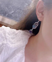 Art Purple Sterling Silver Crystal Cloisonne Lotus Leaf Drop Earrings