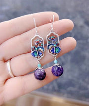 Art Purple Sterling Silver Crystal Cloisonne Lotus Leaf Drop Earrings