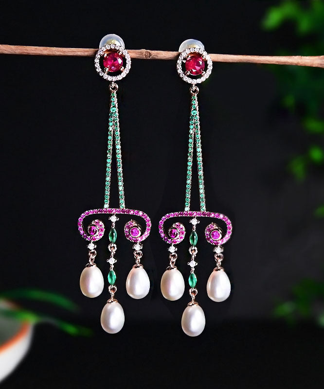 Art Purple Sterling Silver Pearl Zircon Water Drop Tassel Drop Earrings