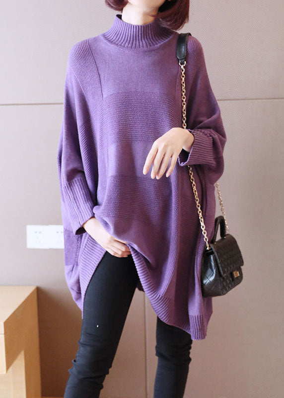 Art Purple Turtleneck Solid Loose Fall Long Sweater