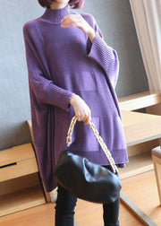 Art Purple Turtleneck Solid Loose Fall Long Sweater