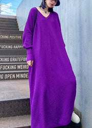 Art Purple V Neck Loose Casual Fall Long Knit Dress