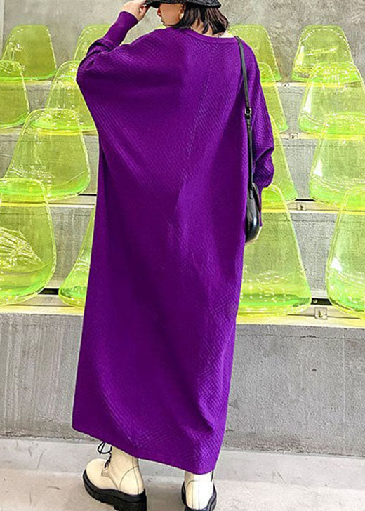 Art Purple V Neck Loose Casual Fall Long Knit Dress