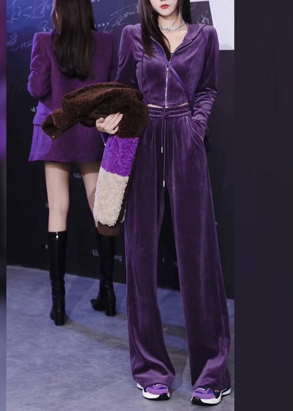 Art Purple Zippered Silk Velour Hooded Coats And Pants Two Pieces Set Long Sleeve