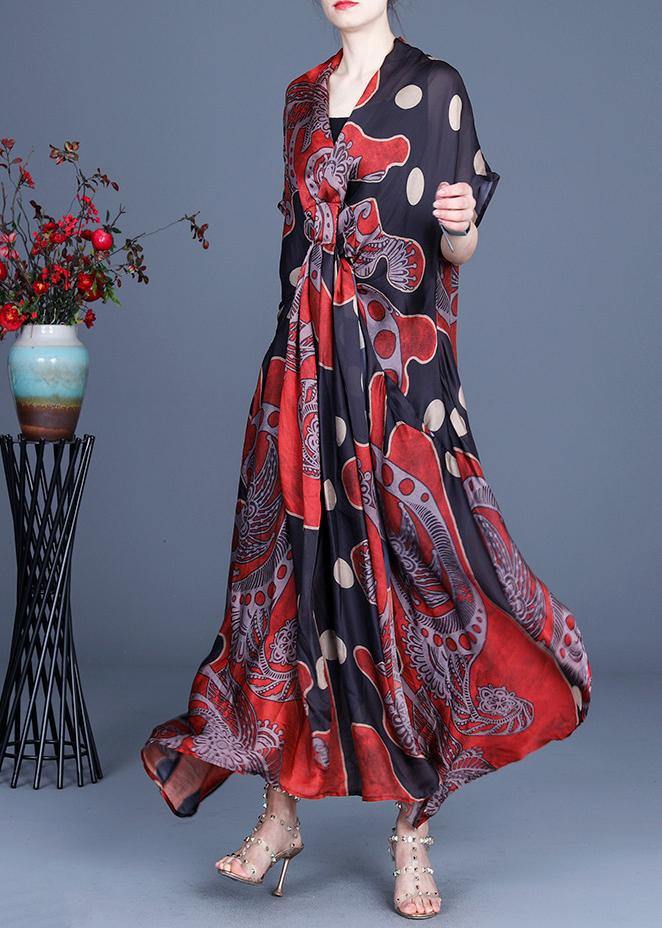 Art Red Dot Print Silk Two Pieces Set Summer long Dress - SooLinen