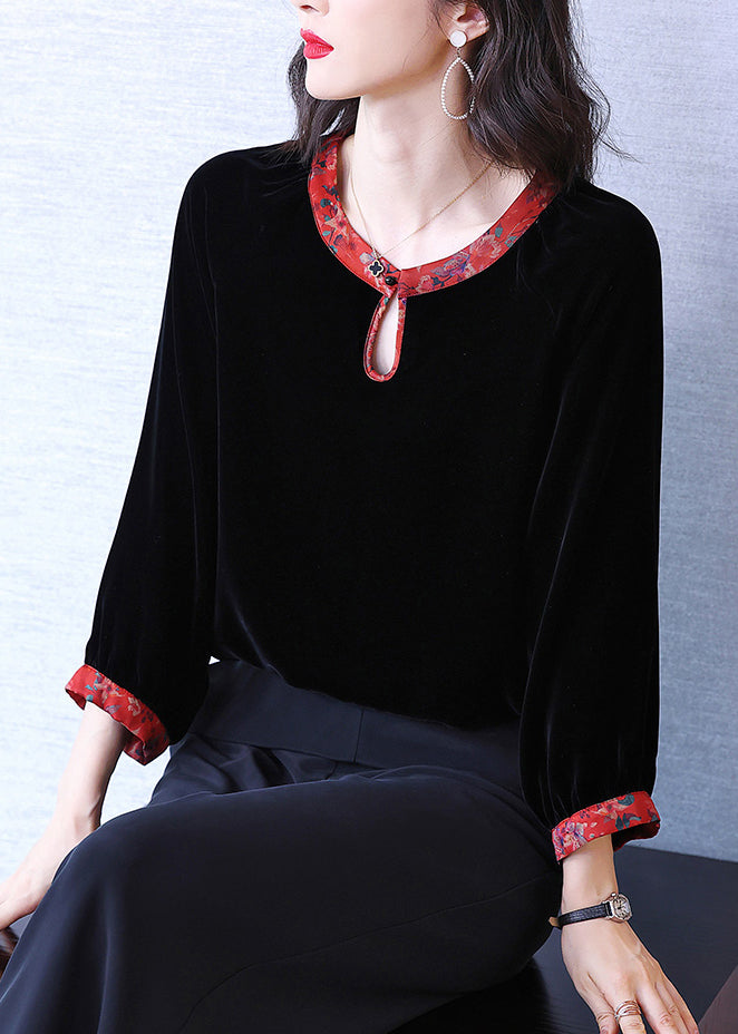 Art Red Edge O-Neck Print Patchwork Button Velour Top Long Sleeve