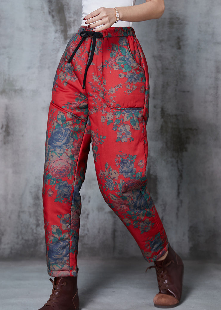 Art Red Elastic Waist Print Fine Cotton Filled Pants Spring