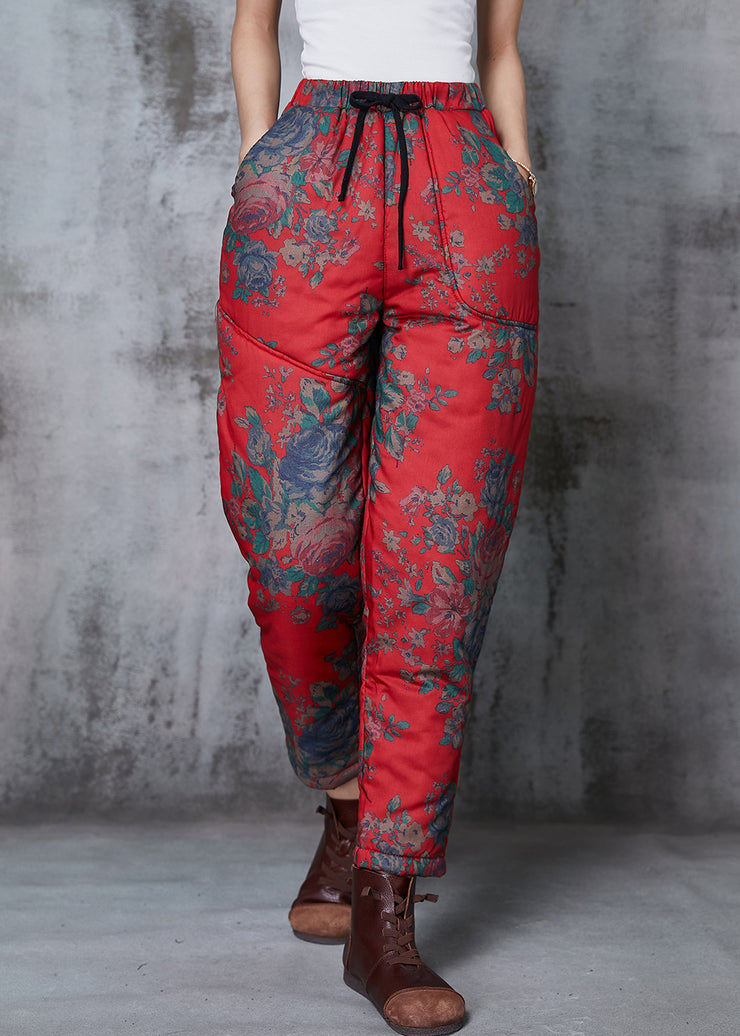 Art Red Elastic Waist Print Fine Cotton Filled Pants Spring