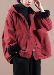 Art Red Hooded Pockets Warm Fleece Coat Winter