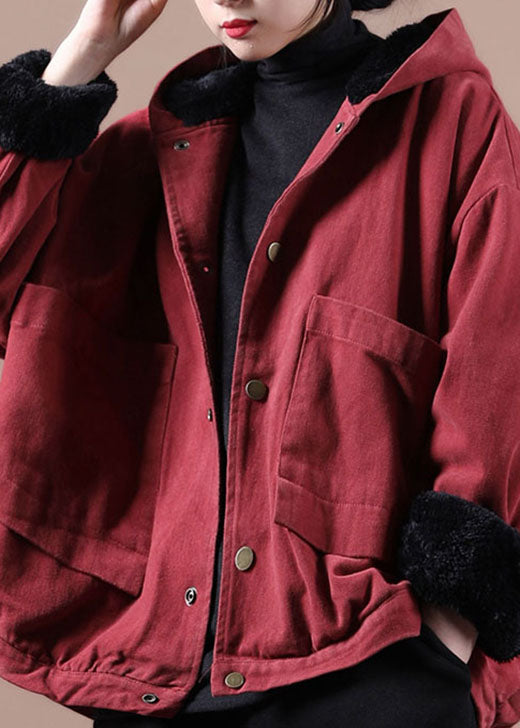 Art Red Hooded Pockets Warmer Fleecemantel Winter