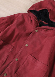 Art Red Hooded Pockets Warm Fleece Coat Winter