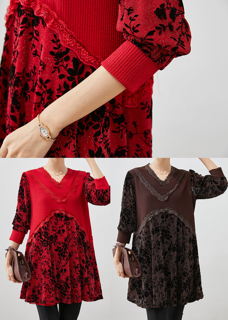 Art Red Jacquard Patchwork Silk Velour Mini Dresses Fall