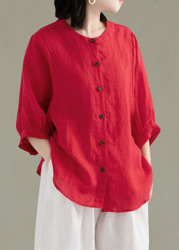 Art Red O-Neck Button Leinen Loose Shirt Top Laternenärmel