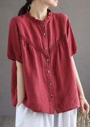 Art Red O-Neck Embroidered Floral Button Linen Shirt Lantern Sleeve