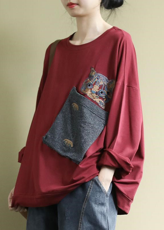 Art Red O-Neck Embroidered Floral Pockets Cotton Sweatshirt Long Sleeve
