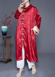 Art Red Oversized Plaid Chinese Button Silk Trech Coats Spring