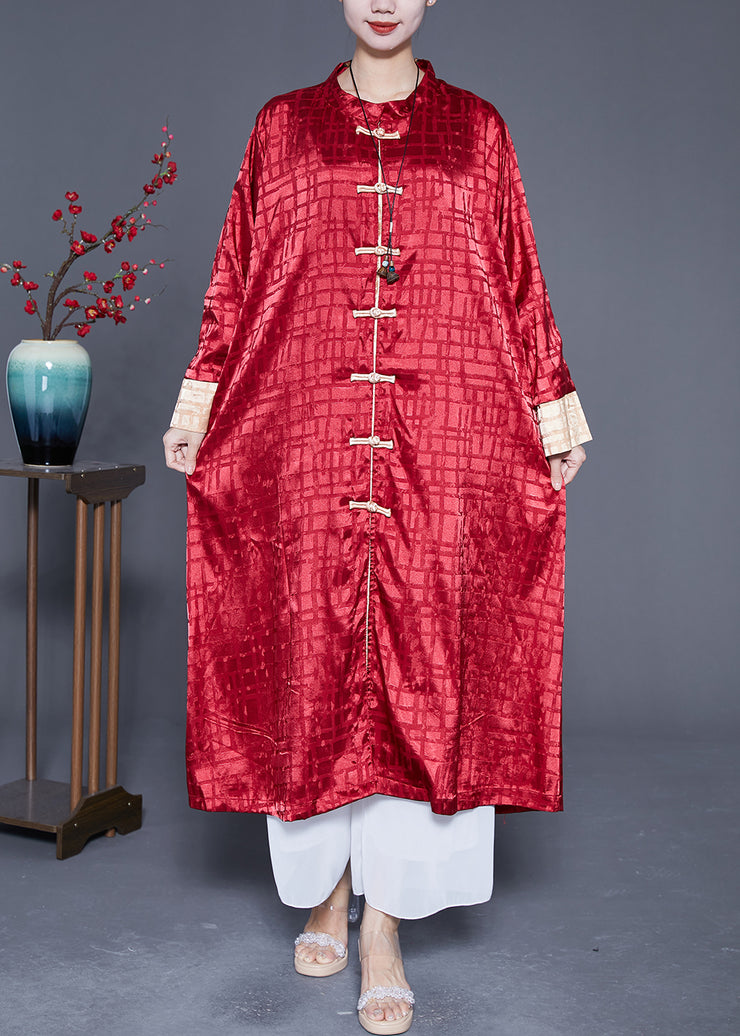 Art Red Oversized Plaid Chinese Button Silk Trech Coats Spring