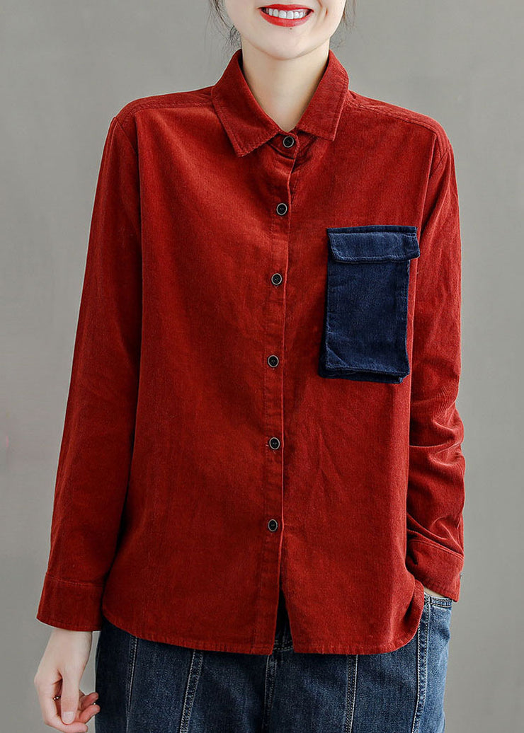Art Red Peter Pan Collar Patchwork Pocket Corduroy Shirts Long Sleeve