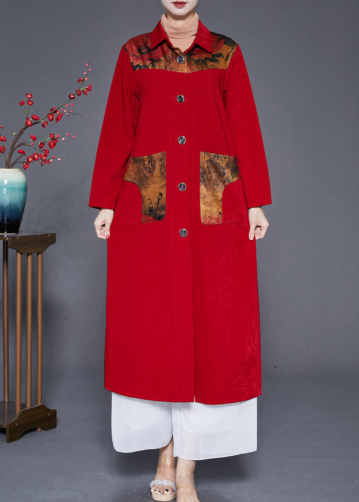 Art Red Peter Pan Collar Patchwork Pockets Trench Fall