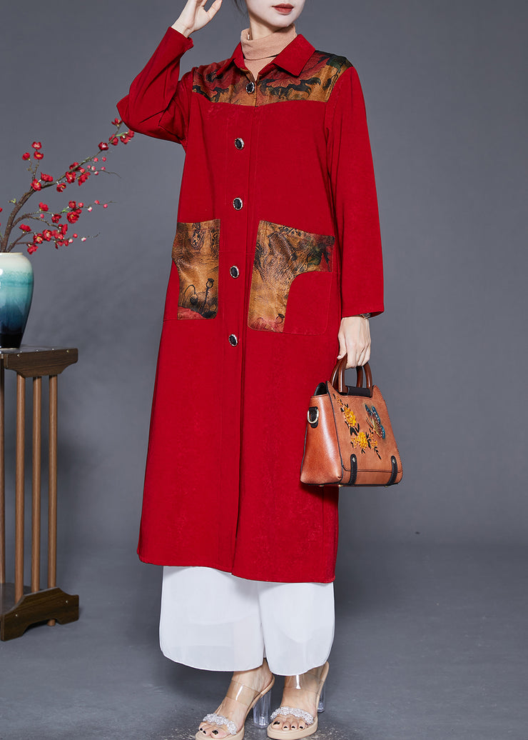 Art Red Peter Pan Collar Patchwork Pockets Trench Fall