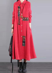 Art Red Peter Pan Collar Pockets Patchwork Warm Fleece Maxi Dresses Winter