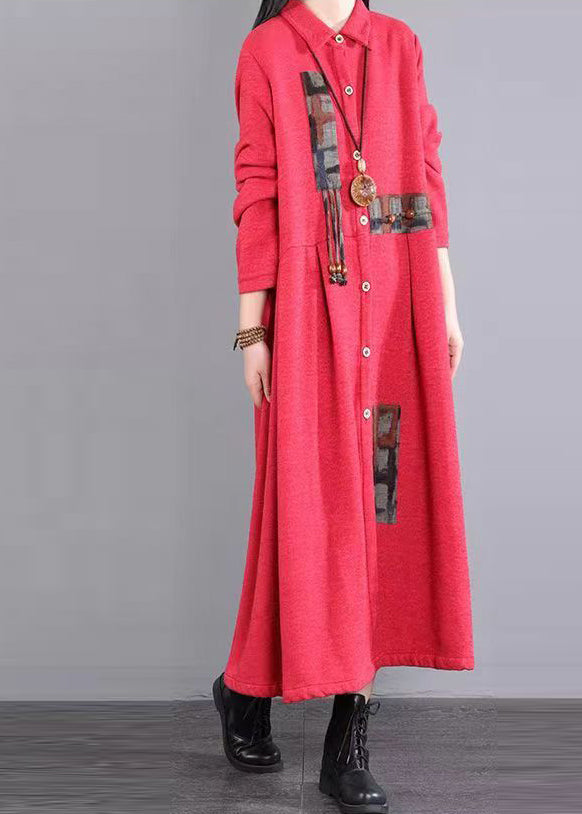 Art Red Peter Pan Collar Pockets Patchwork Warm Fleece Maxi Dresses Winter