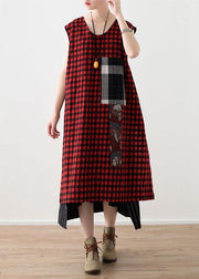 Art Red Plaid Cotton Linen Asymmetrical Design Patchwork Party Dresses - SooLinen
