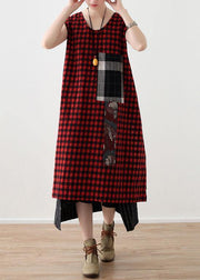 Art Red Plaid Cotton Linen Asymmetrical Design Patchwork Party Dresses - SooLinen