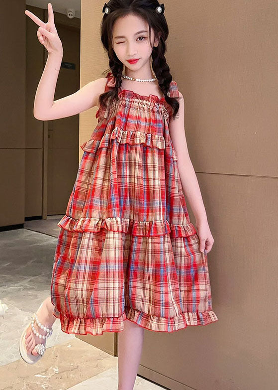 Art Red Plaid Ruffled Bow Patchwork Cotton Kids Girls Dresses Summer