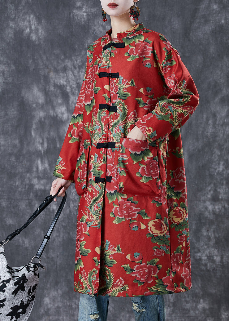 Art Red Print Chinese Button Fine Cotton Filled Coat Winter
