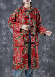 Art Red Print Chinese Button Fine Cotton Filled Coat Winter