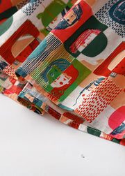 Art Red Print Wrinkled Patchwork Linen Blouse Tops Summer