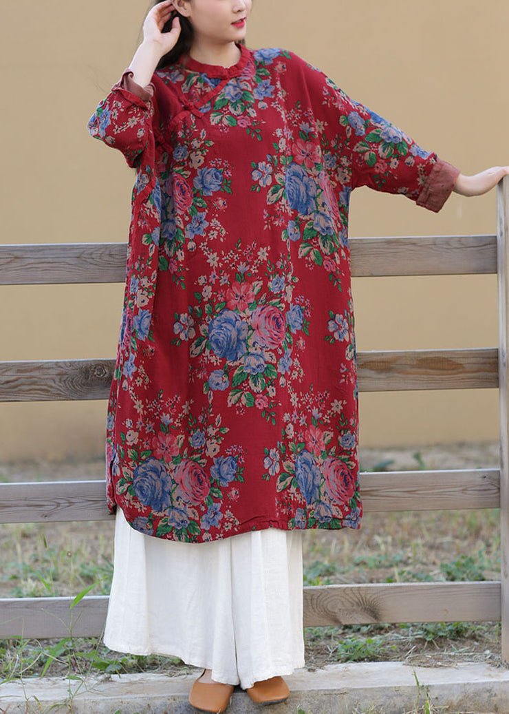 Art Red Stand Collar Print Oriental Button Cotton Long Dress Spring