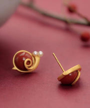Art Red Sterling Silver Ancient Gold Pearl Agate Stud Earrings