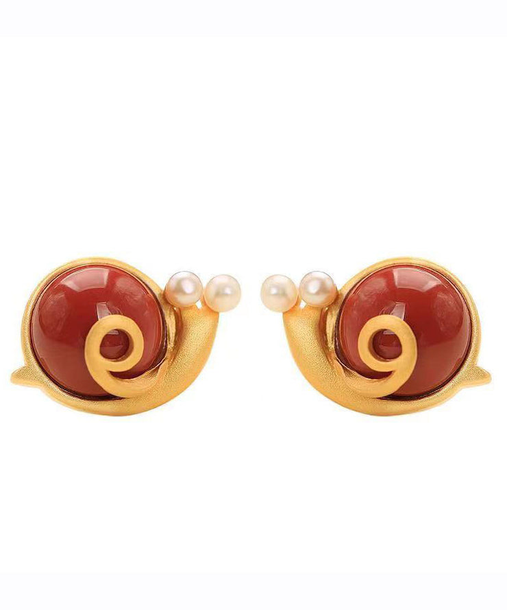 Art Red Sterling Silver Ancient Gold Pearl Agate Stud Earrings