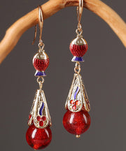 Art Red Sterling Silver Cloisonne Coloured Glaze Fish Drop Earrings
