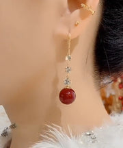 Art Red Sterling Silver Overgild Pearl Zircon Ball Drop Earrings