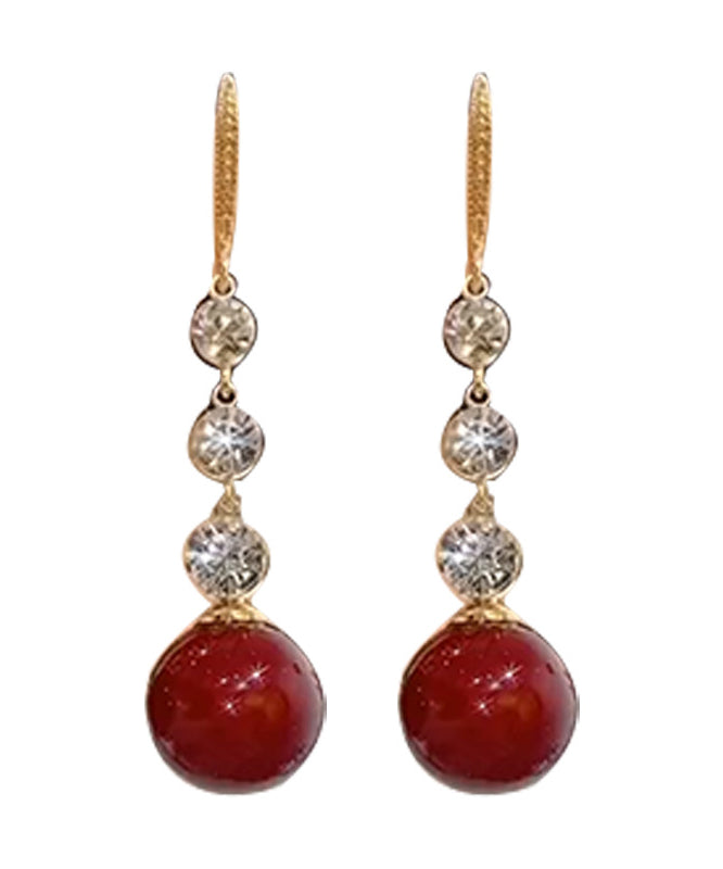 Art Red Sterling Silver Overgild Pearl Zircon Ball Drop Earrings