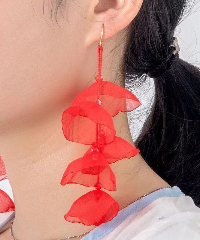 Art Red Tulle Floral Tassel Drop Earrings