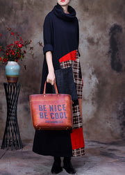 Art Red Turtleneck Patchwork Pockets Woolen Maxi Dress Long Sleeve