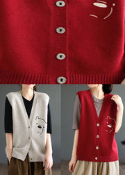 Art Red V Neck Cartoon Jacquard Knit Vest Tops Winter
