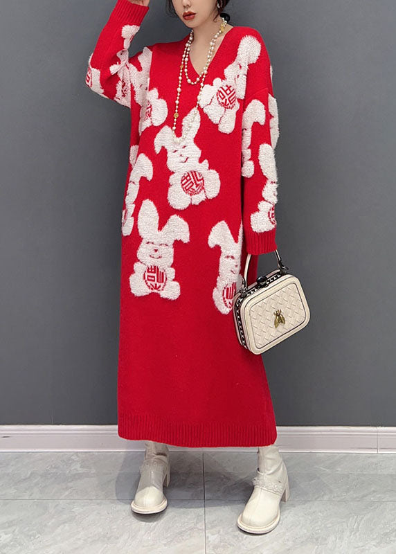 Art Red V Neck Oversized Rabbit Jacquard Knit Sweater Dress Winter