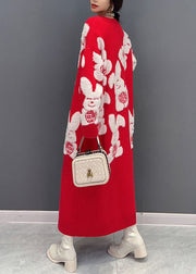 Art Red V Neck Oversized Rabbit Jacquard Knit Sweater Dress Winter